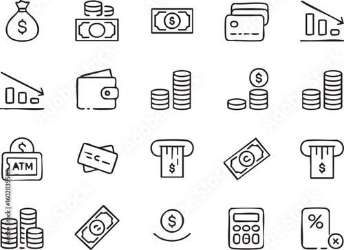Collection of line art financial icons representing money credit cards wallets and transactions for business and personal finance