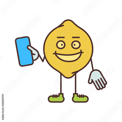 Lemon character holding smartphone and smiling