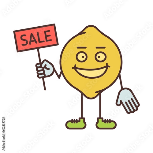 Lemon character holding sign with inscription sale and smiling
