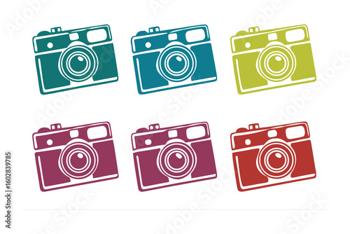 Retro vintage camera collection featuring six distinct colorful stylized illustrations on a white background