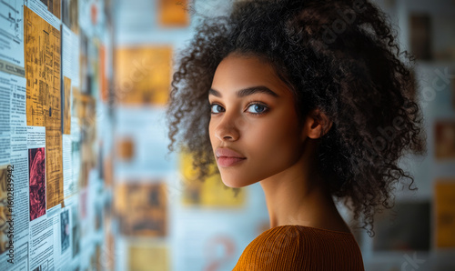 Young woman with curly hair analyzing information on a wall covered with articles and images in a modern office setting focused on research and data curation