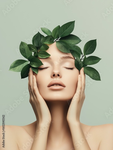 woman with green leaf