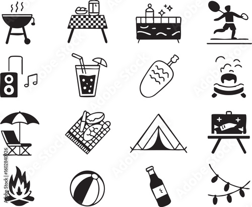 Simple Icon Set for Summer Vacation and Outdoor Activities Including Camping Beach Barbecue and Picnic in Black 