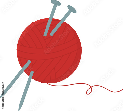Knitting yarn red ball with needles isolated on white background. Illustration of needlecraft materials