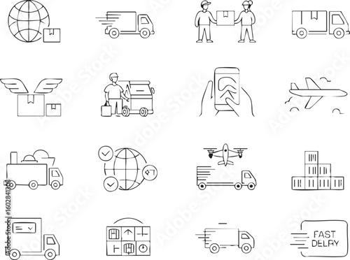Delivery and Logistics Outline Icons Set Including Truck Airplane Drone Shipping Package Globe and Mobile App Tracking 