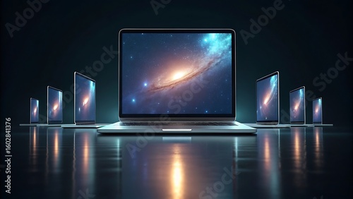 Sleek silver laptop and tablets displaying vibrant galaxy wallpaper on reflective surface technology