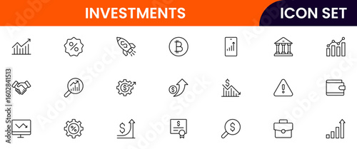 Investments vector line icons featuring stocks, graphs, portfolios, growth, returns, money, assets, finance apps, risk analysis, and savings.