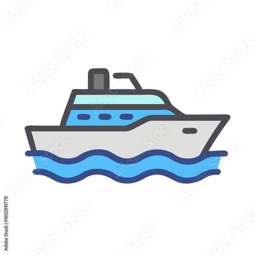 Elegant Motor Yacht: The serene illustration portrays a luxurious motor yacht gracefully navigating tranquil blue waters, a symbol of sophistication and leisure. 