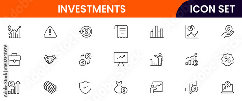 Investments vector line icons featuring stocks, graphs, portfolios, growth, returns, money, assets, finance apps, risk analysis, and savings.