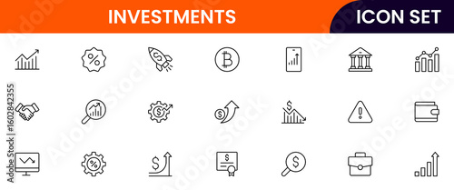 Investments vector line icons featuring stocks, graphs, portfolios, growth, returns, money, assets, finance apps, risk analysis, and savings.