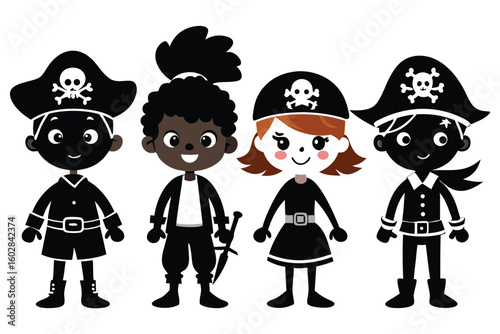 Four Cute Cartoon Pirate Children in Black Silhouettes