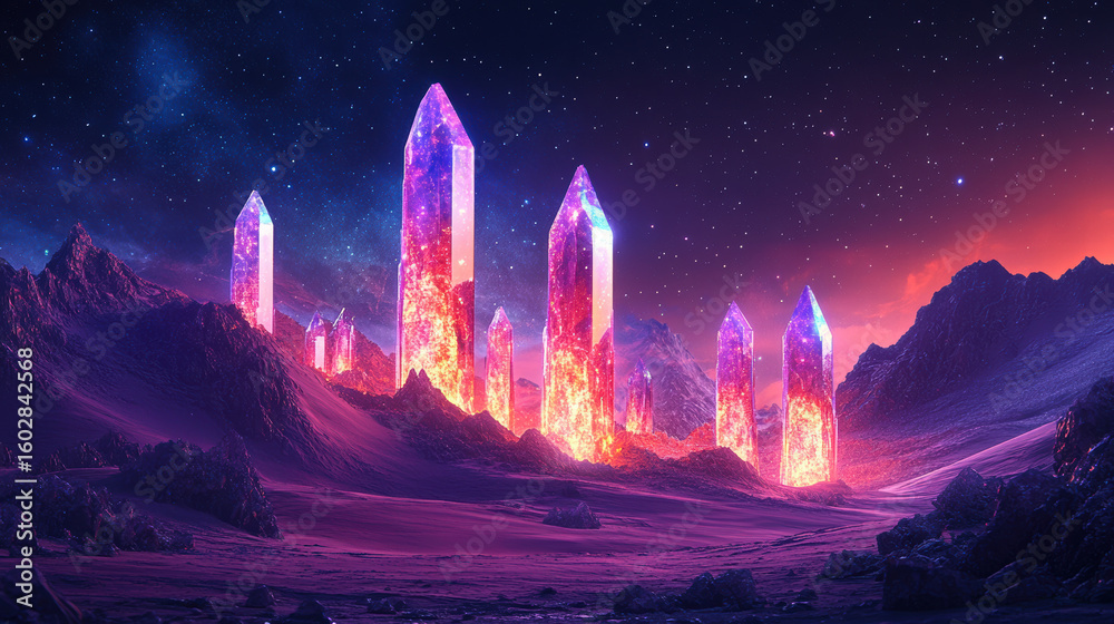 Fototapeta premium Glowing Crystal Structures in a Desert Landscape Under a Starry Night Sky