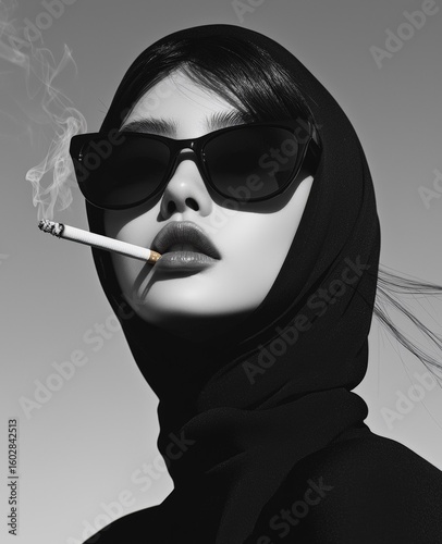 Black and white drawing of an attractive woman with glasses