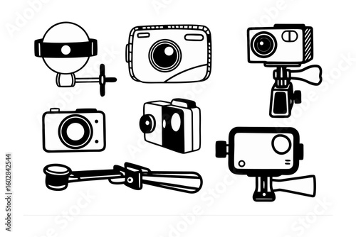 Collection of hand drawn sketch illustrations featuring various cameras and action camera accessories for photography and videography