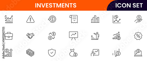Investments vector line icons featuring stocks, graphs, portfolios, growth, returns, money, assets, finance apps, risk analysis, and savings.