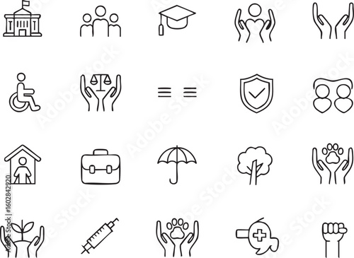 Collection of Line Art Icons Representing Social Services Education Legal Matters Insurance Business Environment and Healthcare Concepts on
