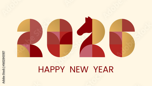 Abstract geometric background, postcard with Chinese New Year 2026. Numbers and silhouette of horse made of simple shapes in retro style in red, yellow and gold. Vector EPS10