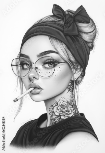 a cigarette in her mouth, and tattoos on her neck and shoulders