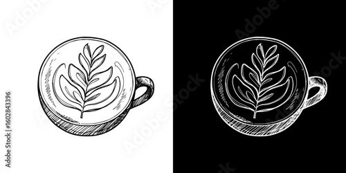Isolated vector image of a coffee cup with latte art , two design variants - on transparent and black backgrounds, chalk drawing
