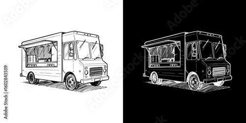 Isolated vector image of a food truck, two design variants - on transparent and black backgrounds, chalk drawing
