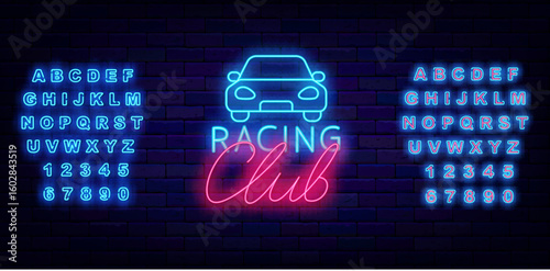 Racing club neon label with sport car. Motocross rally. Shiny blue alphabet. Drift show. Vector stock illustration