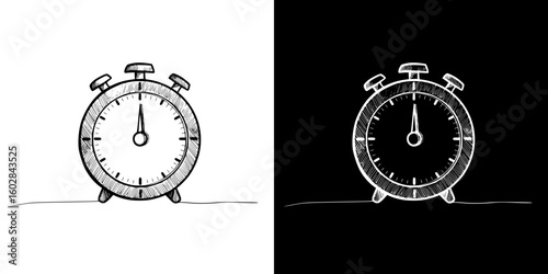 Isolated vector image of a kitchen timer in chalk drawing style,two design variants - on transparent and black backgrounds