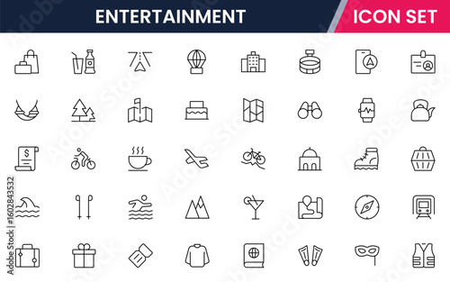 Entertainment vector line icons featuring music, games, books, movies, instruments, painting, photography, theater, and creative activities.