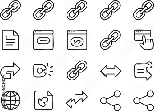 Collection of minimal line art icons representing links sharing and file management for web design and user interfaces