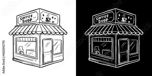 Coffee shop illustration in chalk drawing style, isolated vector image in two design variants - on transparent and black backgrounds