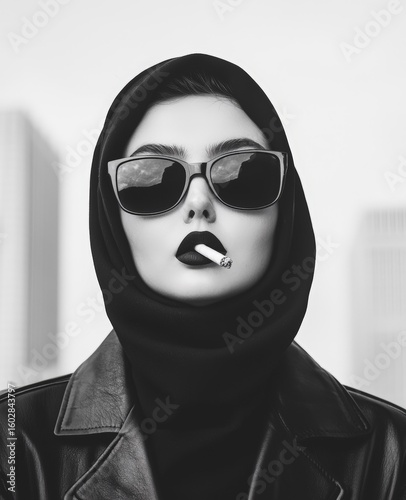 Black-and-white photograph of a woman wearing sunglasses and smoking a cigarette