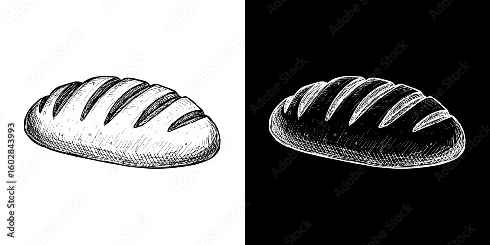 Isolated vector image of bread loaf, two design variants - on transparent and black backgrounds, chalk drawing
