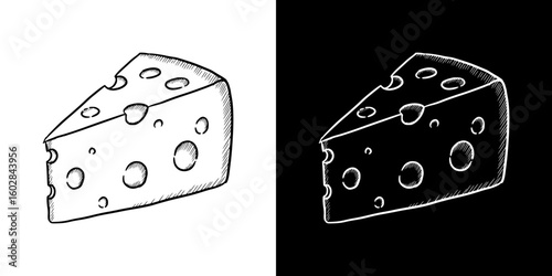 Isolated vector image of cheese wedge, two design variants - on transparent and black backgrounds, chalk drawing

