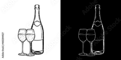 Isolated vector image of champagne bottle and glasses, two design variants - on transparent and black backgrounds, chalk drawing
