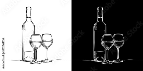 Isolated vector image of wine bottle and glasses, two design variants - on transparent and black backgrounds, chalk drawing
