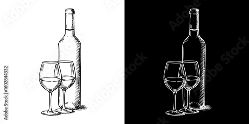 wine bottle and glasses, isolated vector image in two design variants - on transparent and black backgrounds, chalk drawing
