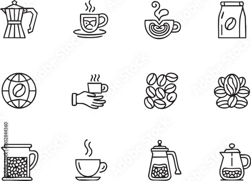 Collection of Coffee Related Icons in Minimal Line Style Including Cups Beans and a Coffee Pot for Design