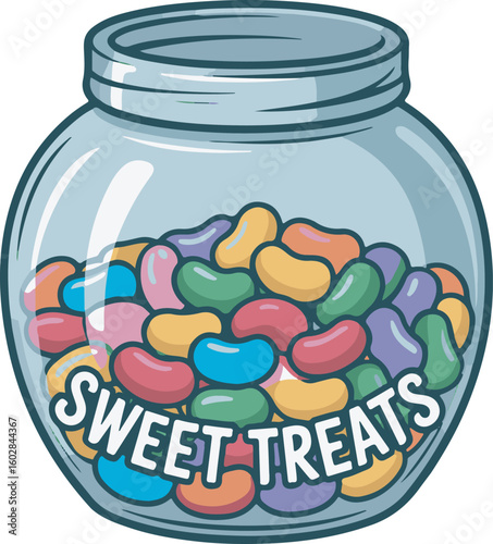 Jar of Sweet Treats: Colorful Jelly Beans in a Glass Container for Confectionery Designs