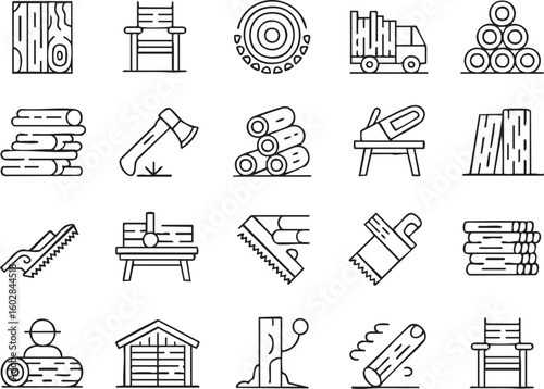Seamless Pattern of Lumberjack and Woodworking Tools in Outline Style Featuring Axe Logs Chainsaw and Other Forestry Elements