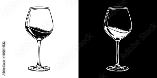 Isolated vector image of a wine glass, two design variants - on transparent and black backgrounds, chalk drawing
