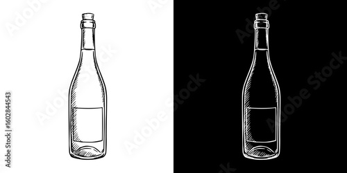 Isolated vector image of a wine bottle, two design variants - on transparent and black backgrounds, chalk drawing
