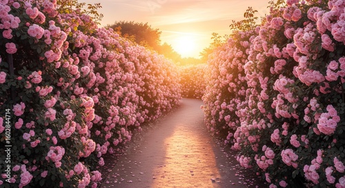 A sun-drenched path lined with vibrant pink roses.
