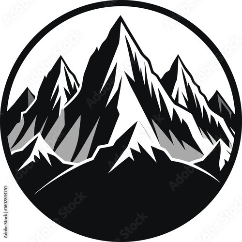 A bold illustrative emblem featuring towering mountain peaks, symbolizing the call of nature and the thrill of outdoor adventure, perfect for any enthusiast seeking challenge.
