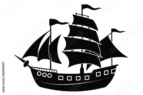 Black and White Pirate Ship Silhouette Illustration