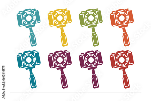 Collection of eight colorful camera shaped selfie sticks displayed in two rows against a white background