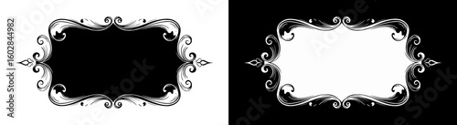 Ornate frame, isolated vector image in two design variants - on transparent and black backgrounds, chalk drawing
