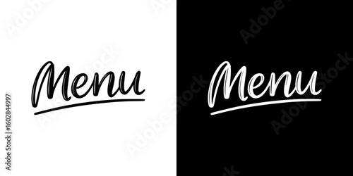 Stylish lettering "menu", isolated vector image in two design variants - on transparent and black backgrounds, chalk drawing