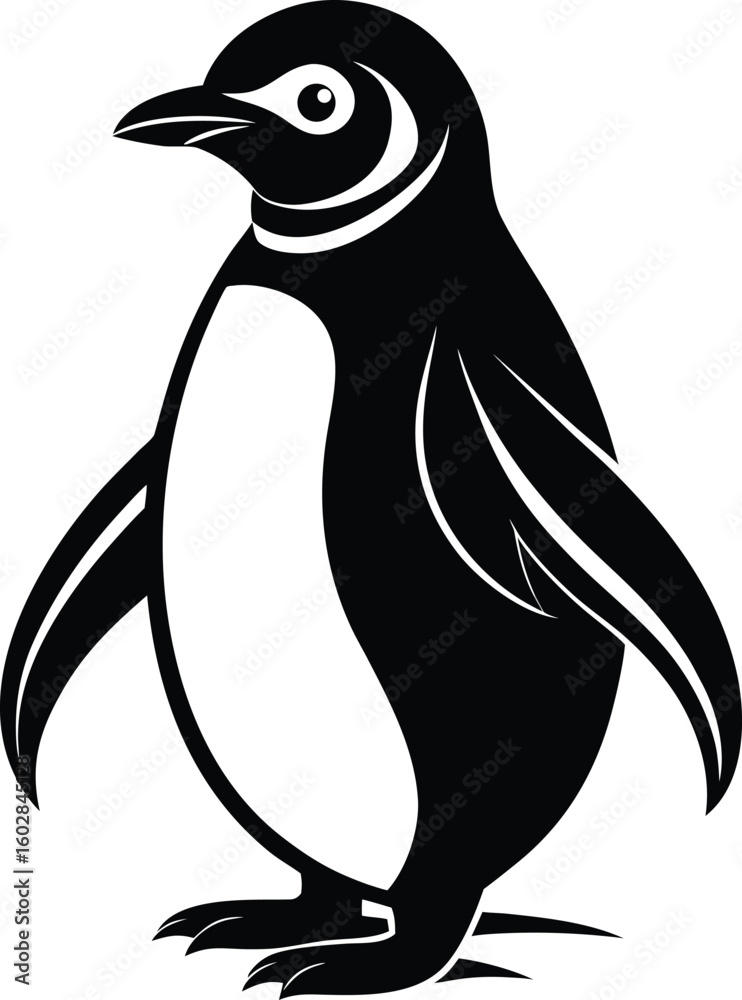 Naklejka premium A bold, stylized black and white graphic illustration of a penguin. This simple vector icon is perfect for a clean mascot or logo design.