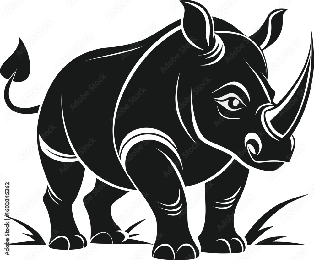 Obraz premium A powerful rhinoceros depicted in a bold black and white graphic style. This stylized animal illustration shows a strong rhino standing proudly.