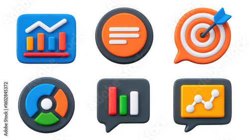 Collection of six 3d rendered business and finance icons including charts graphs targets and data analysis isolated on transparent background