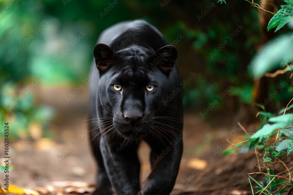 Fototapeta premium Majestic black panther stealthily walking through lush jungle pathway